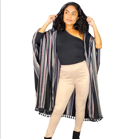 FRINGED SHAWL WRAP W/HOODIE & TASSELS - Picture 5 of 5